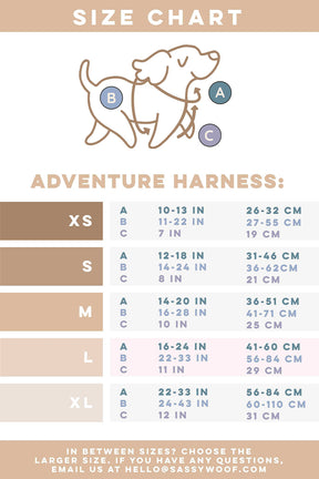 Neck(N): Measure where collar naturally sits.Chest(C): Measure widest part of dog’s chest.Front(F): Measure distance between dog’s sternum and where collar naturally sits. 
Size XS–N:10–13in (26–32cm),C :11–22in (27–55cm),F: 7in (19cm). Size S–N:12–18in (31–46cm),C:14–24in (36–62cm),F: 8in (21cm). Size M–N:14–20in (36–51cm),C:16–28in (41–71 cm),F:10in (25cm). Size L–N:16–24 in (41–60 cm),C: 22–33in (56–84cm),F: 11 in (29cm). Size XL–N:22–33in (56–84cm),C: 24–43in (60–110cm),F: 12in (31cm)