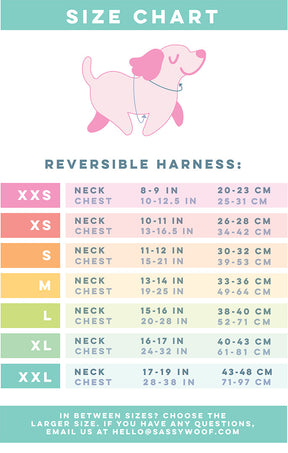 Neck(N): Measure where a collar naturally sits. Chest(C): Measure widest part of dog's chest. Size XXS – N: 8–9 in (20–23 cm), C: 10–12.5 in (25–31 cm). Size XS – N: 10–11 in (26–28 cm), C: 13–16.5 in (34–42 cm). Size S – N: 11–12 in (30–32 cm), C: 15–21 in (39–53 cm). Size M – N: 13–14 in (33–36 cm), C: 19–25 in (49–64 cm). Size L – N: 15–16 in (38–40 cm), C: 20–28 in (52–71 cm). Size XL – N: 16–17 in (40–43 cm), C: 24–32 in (61–81 cm). Size XXL – N: 17–19 in (43–48 cm), C: 28–38 in (71–97 cm).