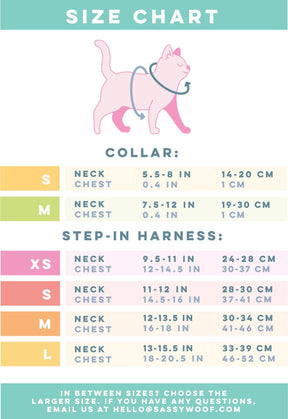 Image showing where to take measurements on a cat for a harness and collar. Corresponding sizes and measurements are listed below. Due to Shopify’s alt text character limit, a full description of the size chart cannot be included here. Please refer to the Cat Step-In Harness and Cat Collar size charts for full details: https://www.sassywoof.com/pages/find-your-size