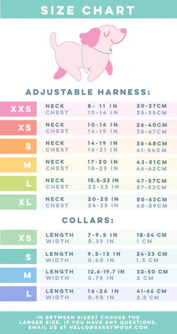 Image showing where to take measurements on a dog for a harness and collar. Corresponding sizes and measurements are listed below. Due to Shopify’s alt text character limit, a full description of the size chart cannot be included here. Please refer to the Adjustable Harness and Dog Collar size charts for full details: https://www.sassywoof.com/pages/find-your-size
