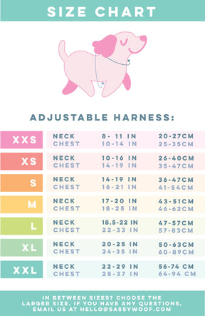 Neck(N): Measure where a collar naturally sits. Chest(C): Measure widest part of dog's chest. Size XXS – N: 8–11 in (20–27 cm), C: 10–14 in (25–35 cm). Size XS – N: 10–16 in (26–40 cm), C: 14–19 in (35–47 cm). Size S – N: 14–19 in (36–47 cm), C: 16–21 in (41–54 cm). Size M – N: 17–20 in (43–51 cm), C: 18–25 in (46–62 cm). Size L – N: 18.5–22 in (47–57 cm), C: 22–33 in (57–83 cm). Size XL – N: 20–25 in (50–63 cm), C: 24–35 in (60–89 cm). Size XXL – N: 22–29 in (56–74 cm), C: 25 - 37 inches (64–94 cm).
